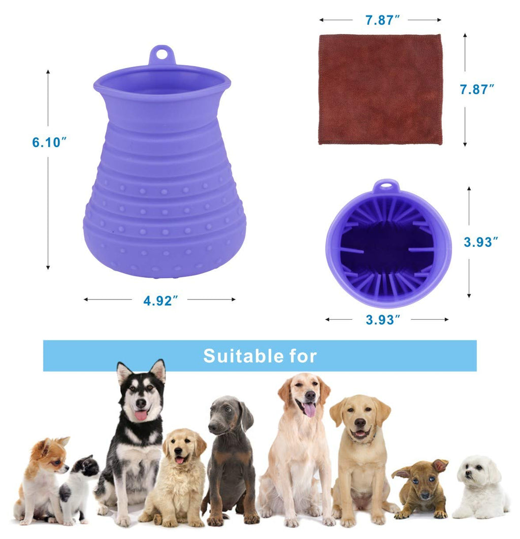 Idepet Dog Paw Cleaner Cup with Towel Pet Foot Washer Protable Dogs Cleaning Brush for Puppy Cats Massage Grooming Dirty Claws (Purple)