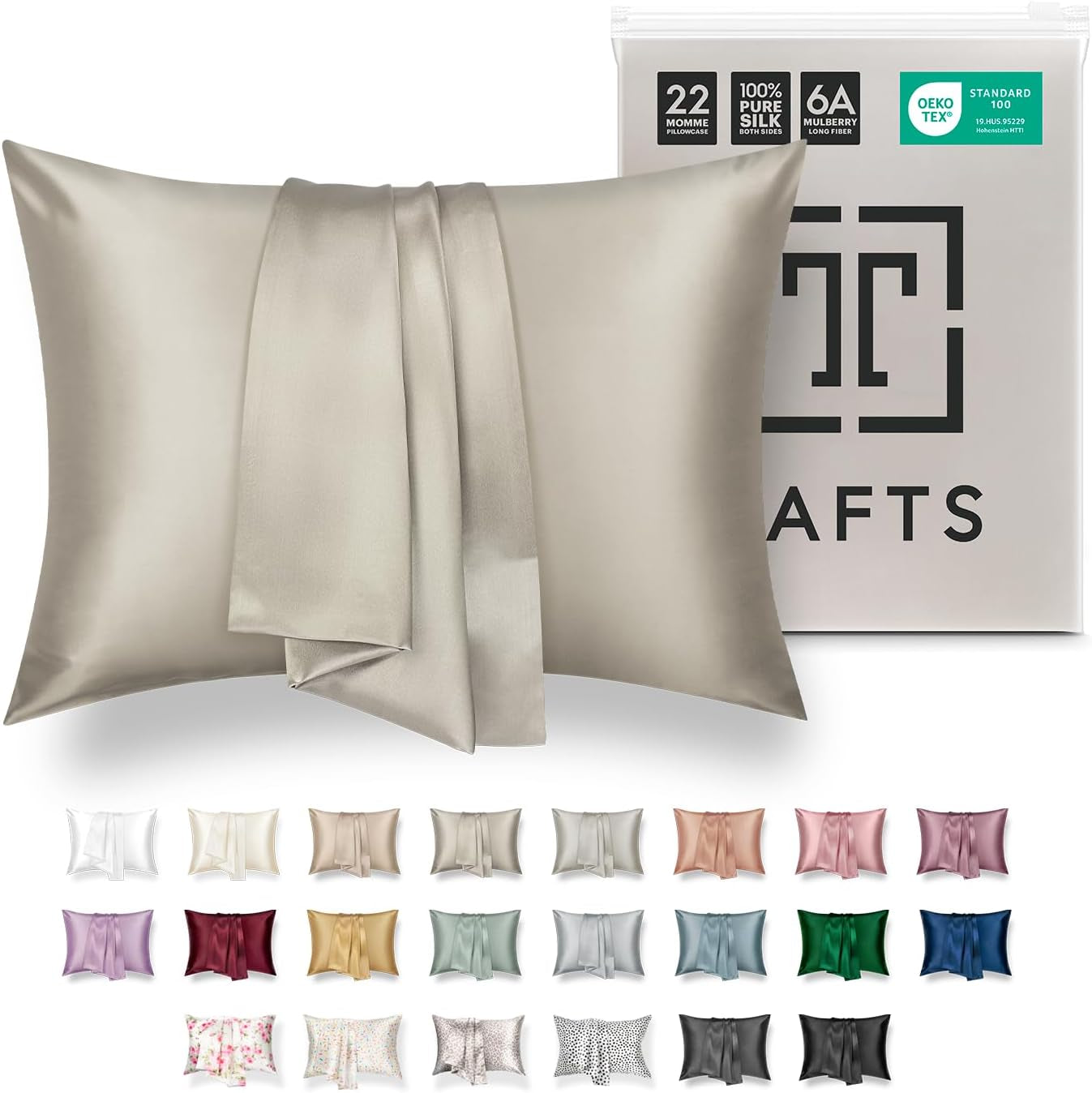 TAFTS 22mm 100% Pure Mulberry Silk Pillowcase for Hair and Skin with Envelope Closure, Cooling and Organic, Double-Sided Design (Silver, King Size 20" x 36", 22 Momme, 1 Piece)