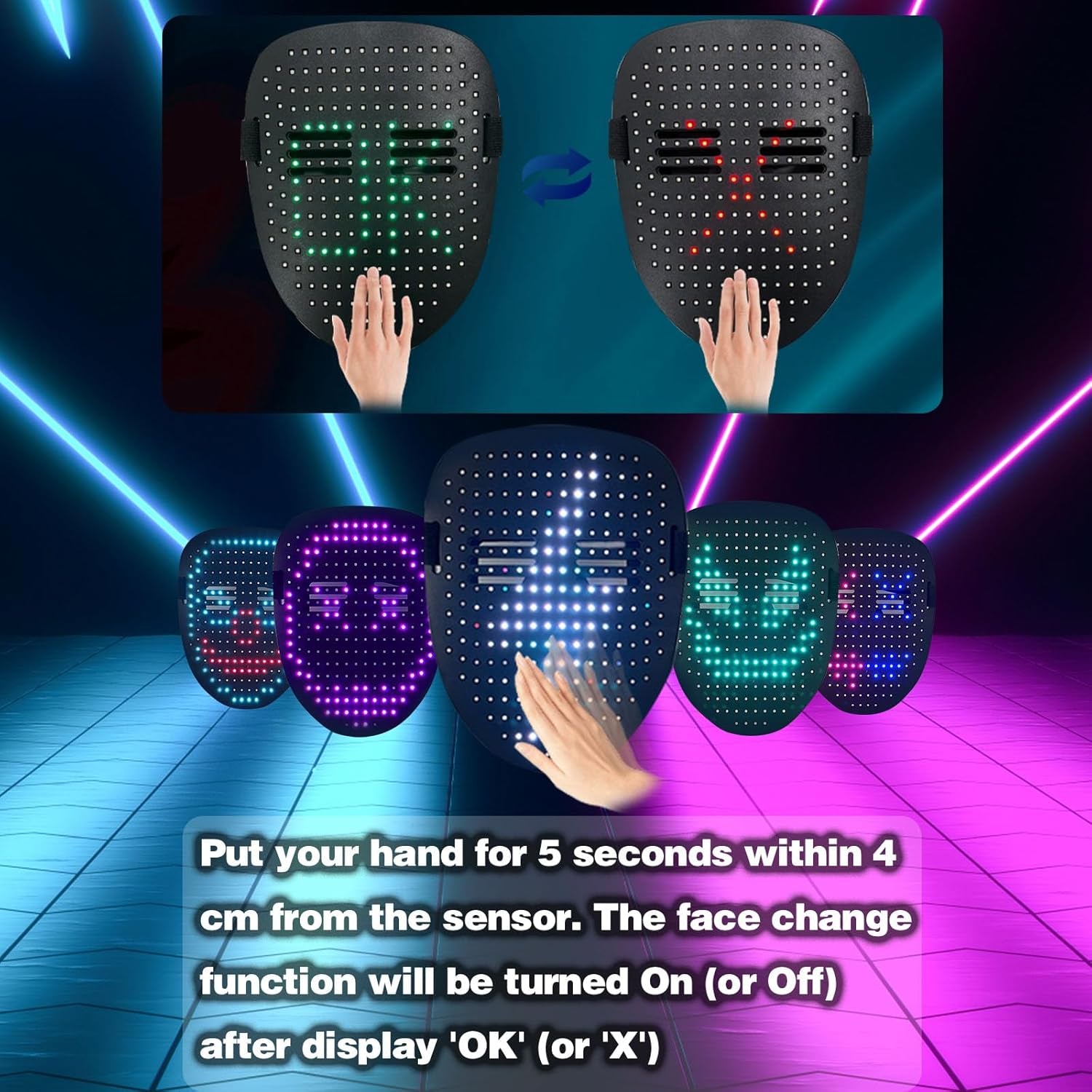 Led Mask with Gesture Sensing,Light up Mask for Kids/Men/Women LED Halloween Mas