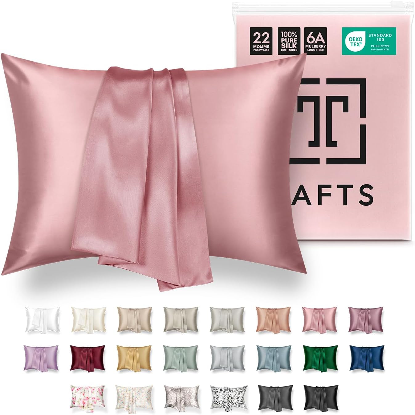 TAFTS 22mm 100% Pure Mulberry Silk Pillowcase for Hair and Skin with Envelope Closure, Cooling and Organic, Double-Sided Design (Silver, King Size 20" x 36", 22 Momme, 1 Piece)