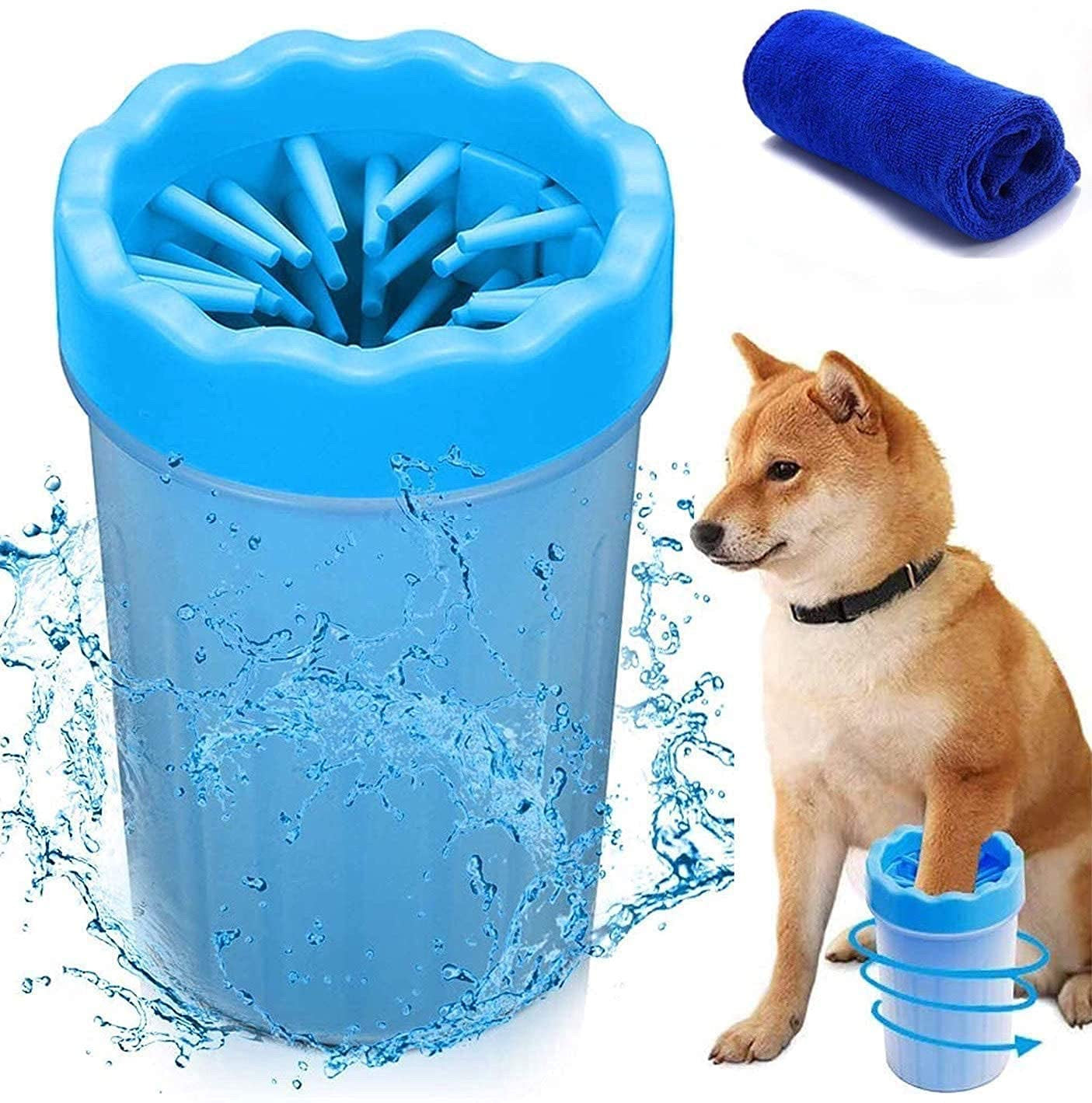 5.91" Dog Paw Cleaner, Dog Paw Washer Cup, 2 in 1 Portable Silicone Pet Cleaning Brush Feet Cleaner for Dogs Grooming with Muddy Paw,Dog Foot Cleaner for Medium Dog，With Towel (Blue)