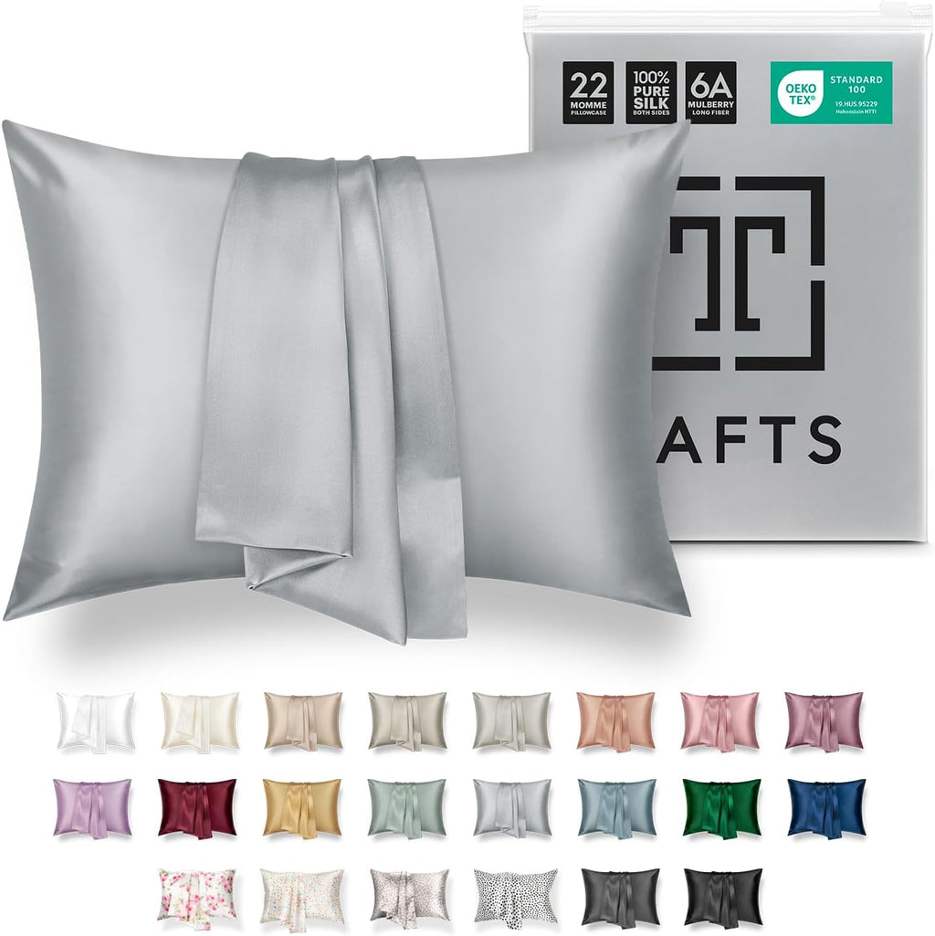 TAFTS 22mm 100% Pure Mulberry Silk Pillowcase for Hair and Skin with Envelope Closure, Cooling and Organic, Double-Sided Design (Silver, King Size 20" x 36", 22 Momme, 1 Piece)