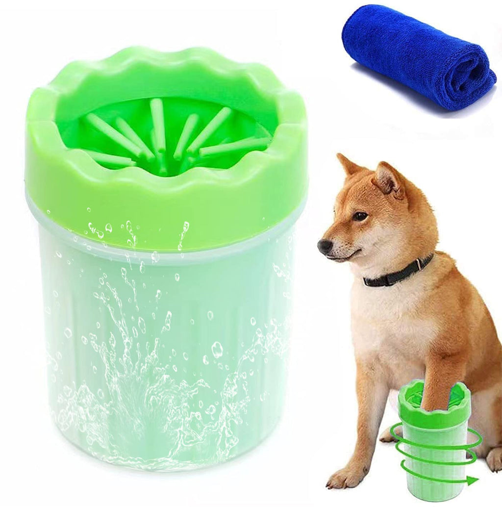 AOLDHYY Fuufome5.91" Dog Paw Cleaner, Dog Paw Washer Cup, 2 in 1 Portable Silicone Pet Cleaning Brush Feet Cleaner for Dogs Grooming with Muddy Paw,Dog Foot Cleaner for Medium Dog，With Towel (Green)
