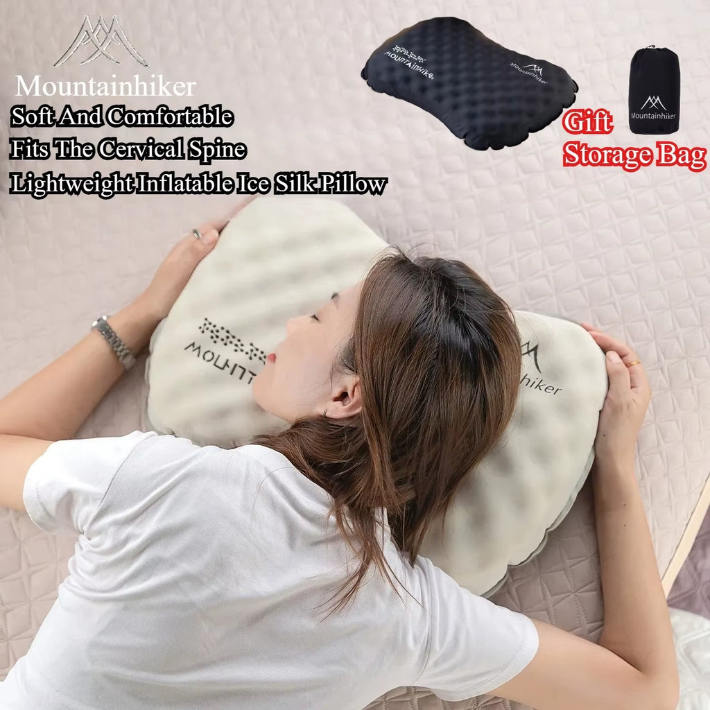 Inflatable Pillow Outdoor Camping Portable Pillow Napping Travel Pillow Storage Sleeping Artifact Ice Silk Pillow
