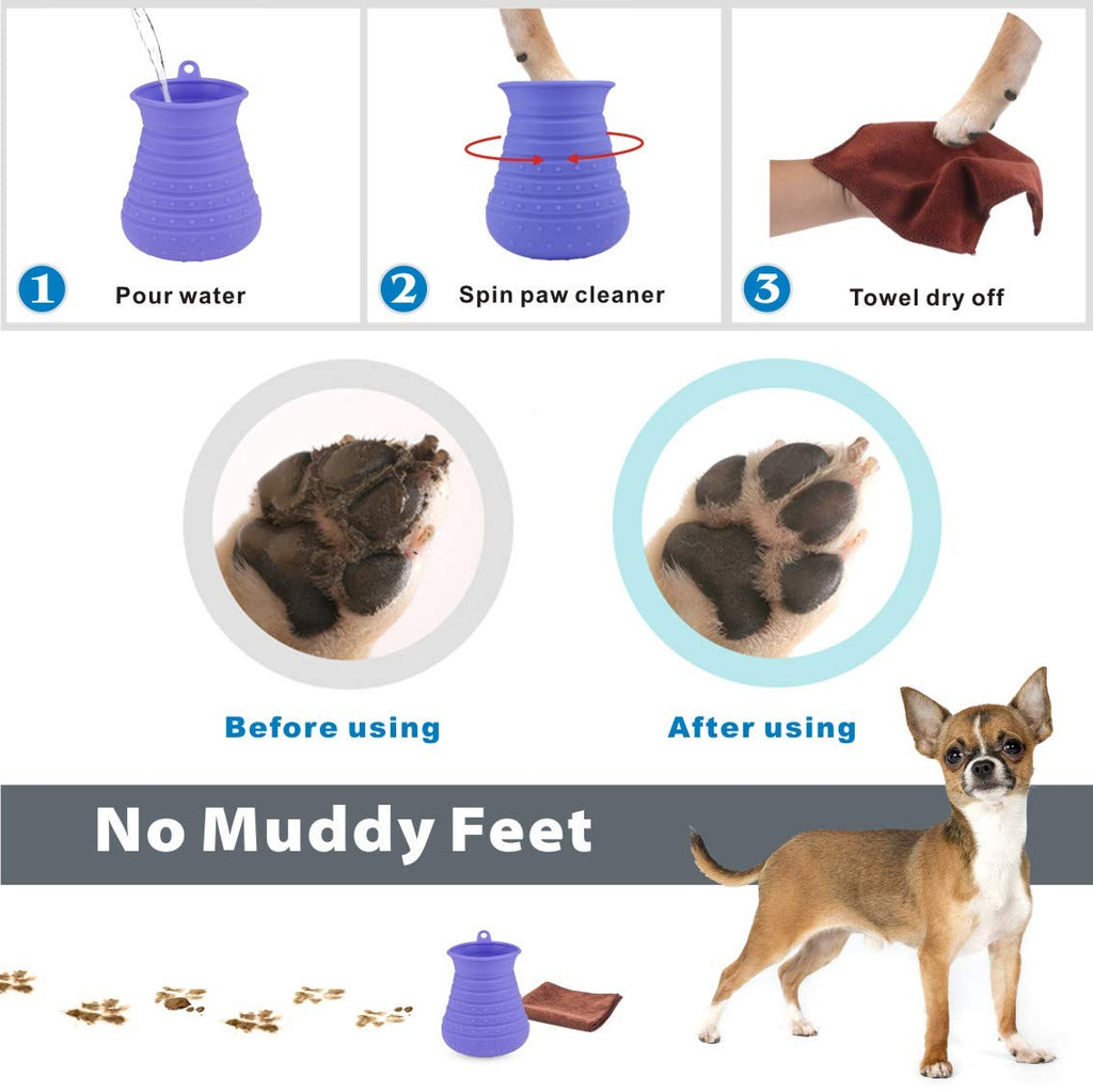 Idepet Dog Paw Cleaner Cup with Towel Pet Foot Washer Protable Dogs Cleaning Brush for Puppy Cats Massage Grooming Dirty Claws (Purple)