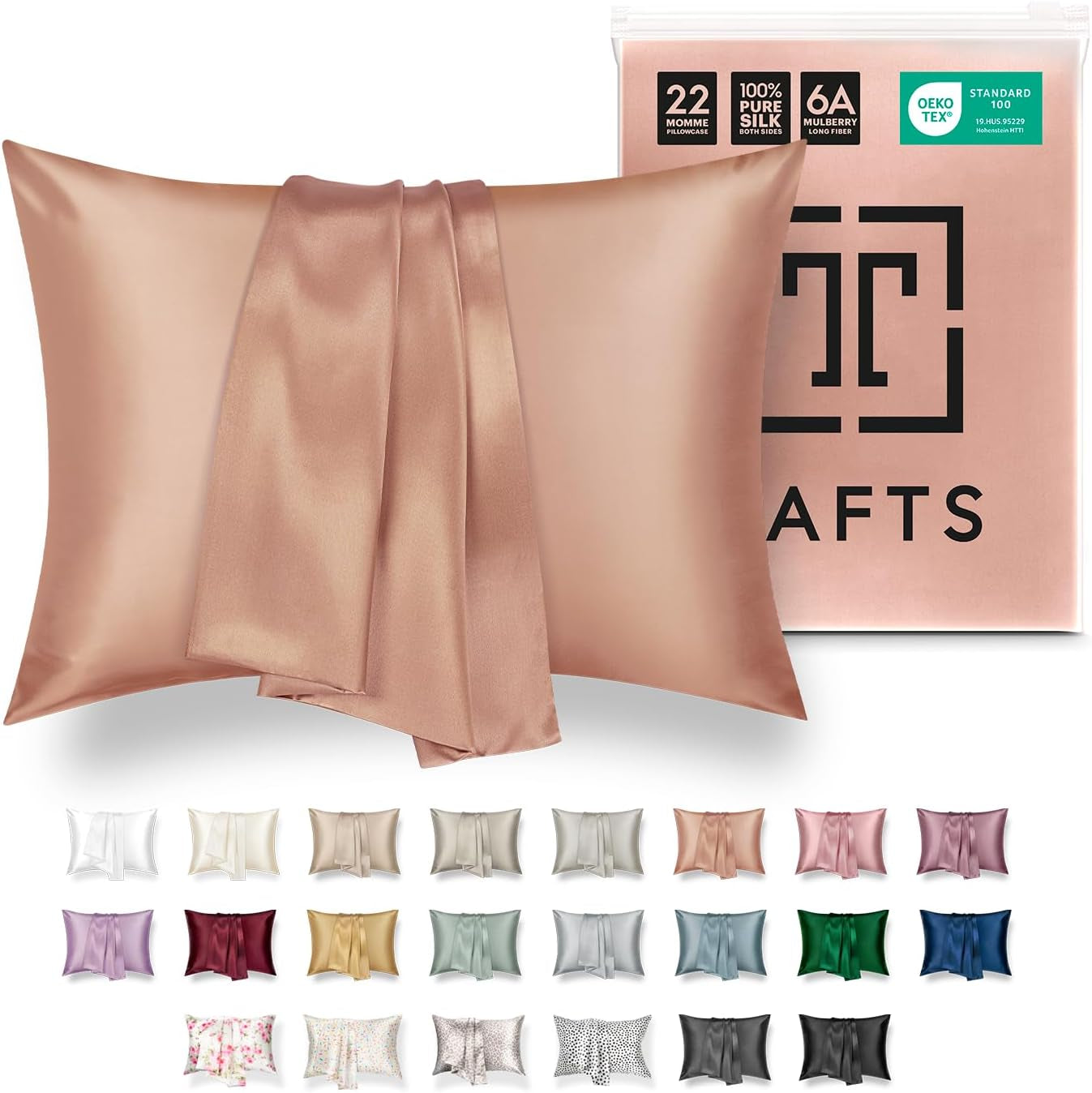 TAFTS 22mm 100% Pure Mulberry Silk Pillowcase for Hair and Skin with Envelope Closure, Cooling and Organic, Double-Sided Design (Silver, King Size 20" x 36", 22 Momme, 1 Piece)