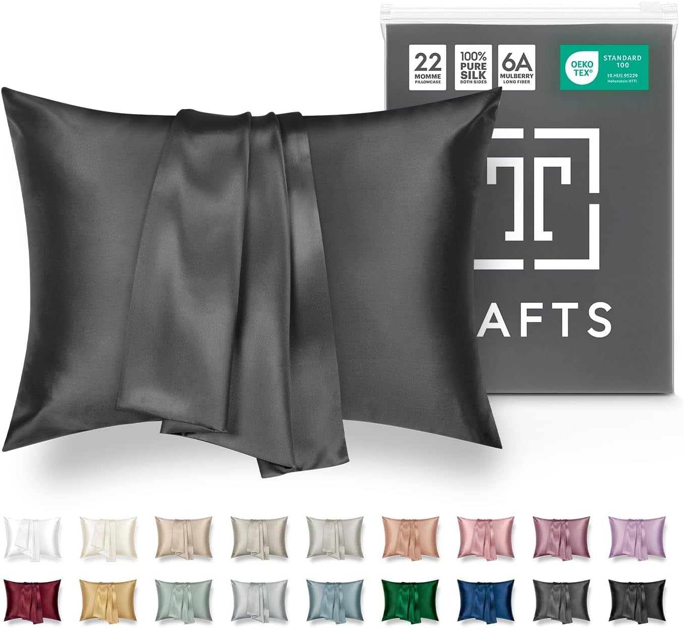 TAFTS 22mm 100% Pure Mulberry Silk Pillowcase for Hair and Skin with Envelope Closure, Cooling and Organic, Double-Sided Design (Silver, King Size 20" x 36", 22 Momme, 1 Piece)