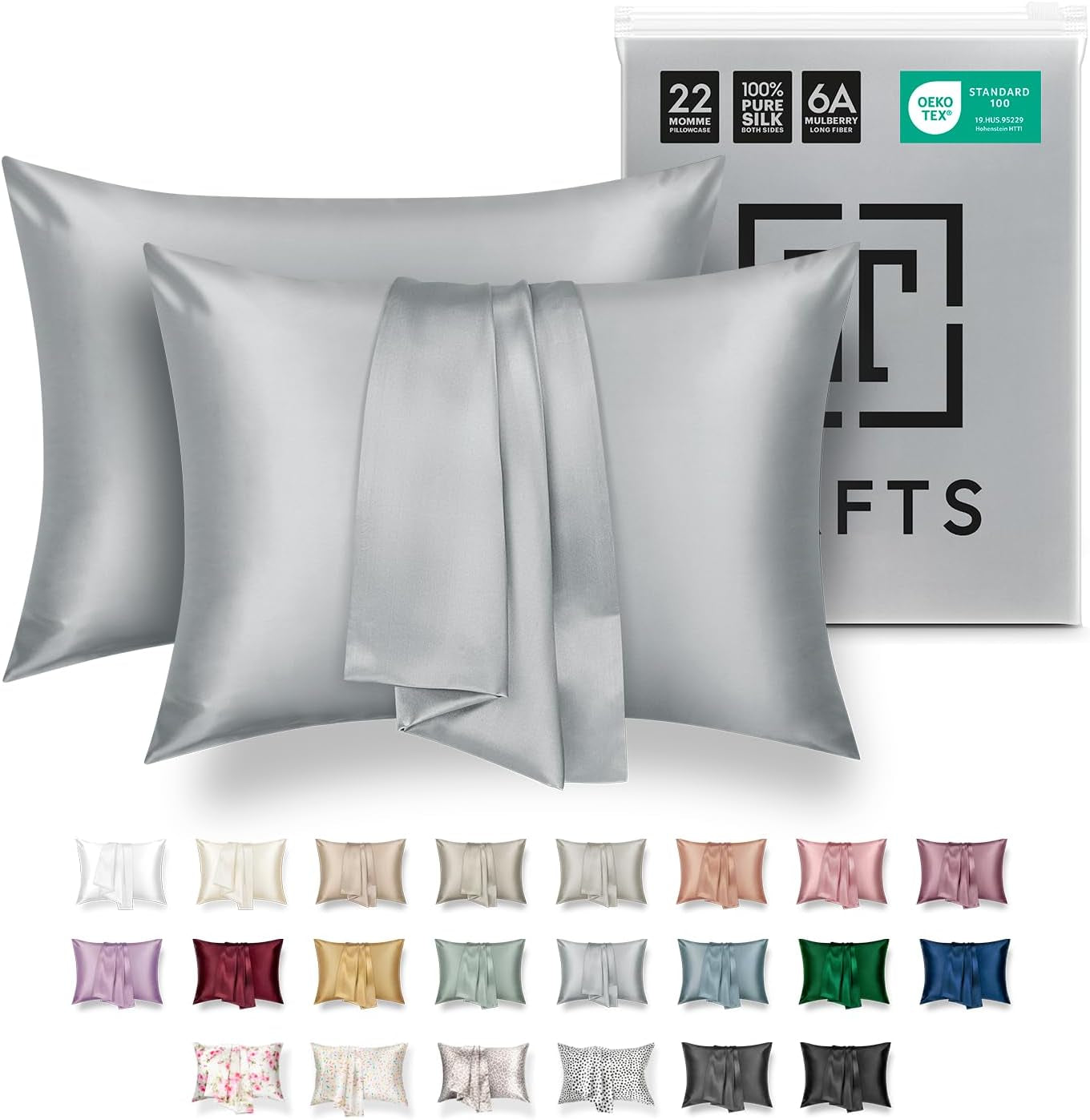 TAFTS 22mm 100% Pure Mulberry Silk Pillowcase for Hair and Skin with Envelope Closure, Cooling and Organic, Double-Sided Design (Silver, King Size 20" x 36", 22 Momme, 1 Piece)