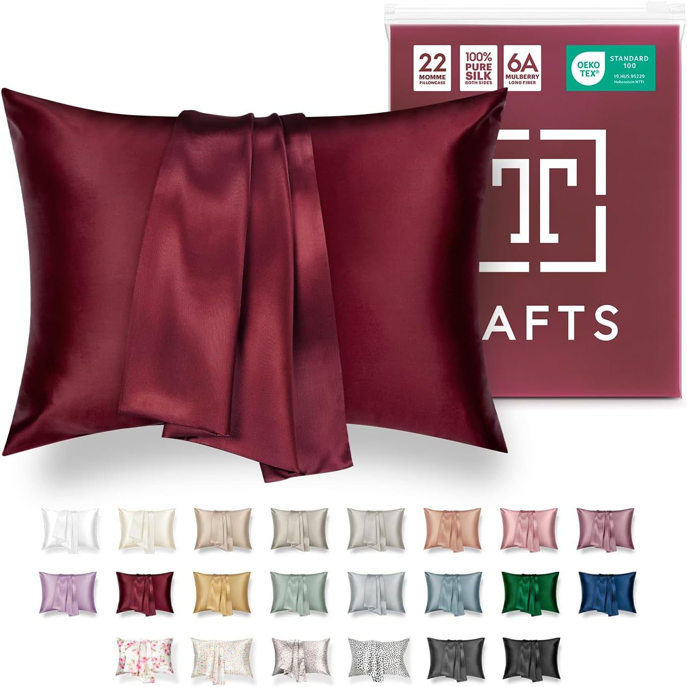 TAFTS 22mm 100% Pure Mulberry Silk Pillowcase for Hair and Skin with Envelope Closure, Cooling and Organic, Double-Sided Design (Silver, King Size 20" x 36", 22 Momme, 1 Piece)