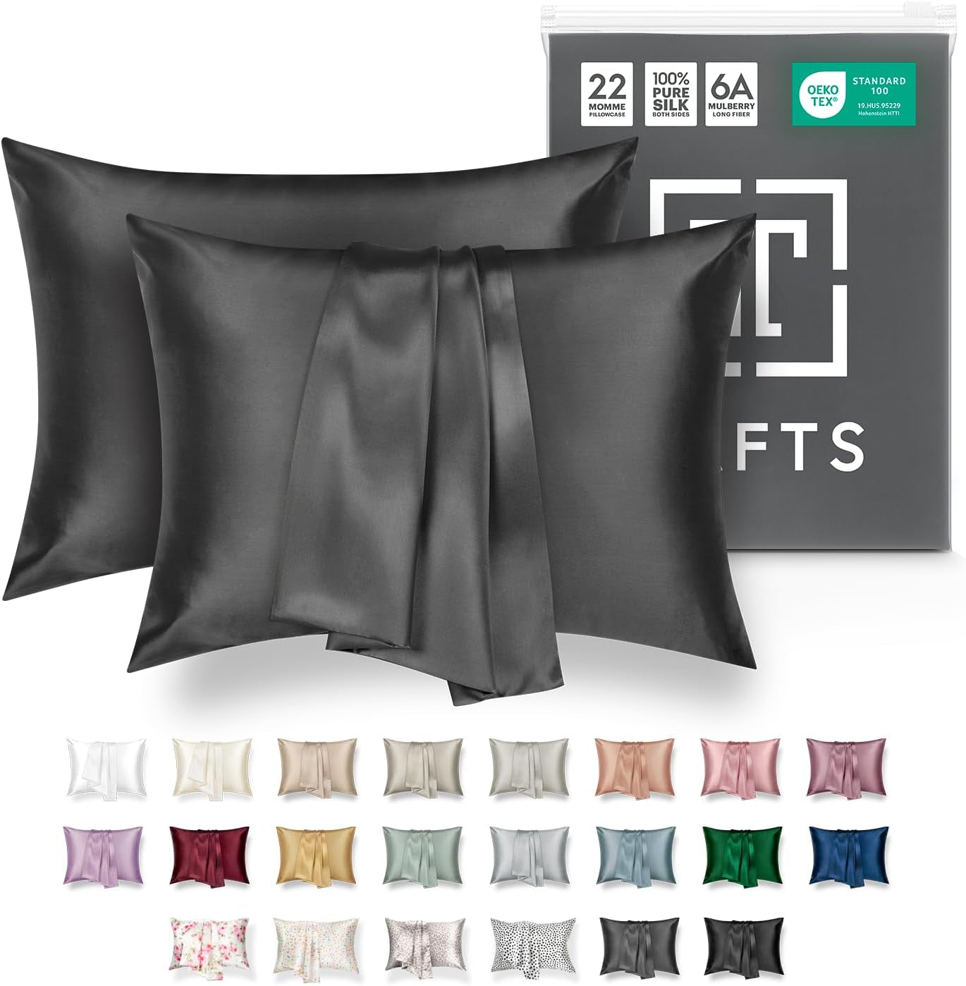 TAFTS 22mm 100% Pure Mulberry Silk Pillowcase for Hair and Skin with Envelope Closure, Cooling and Organic, Double-Sided Design (Silver, King Size 20" x 36", 22 Momme, 1 Piece)
