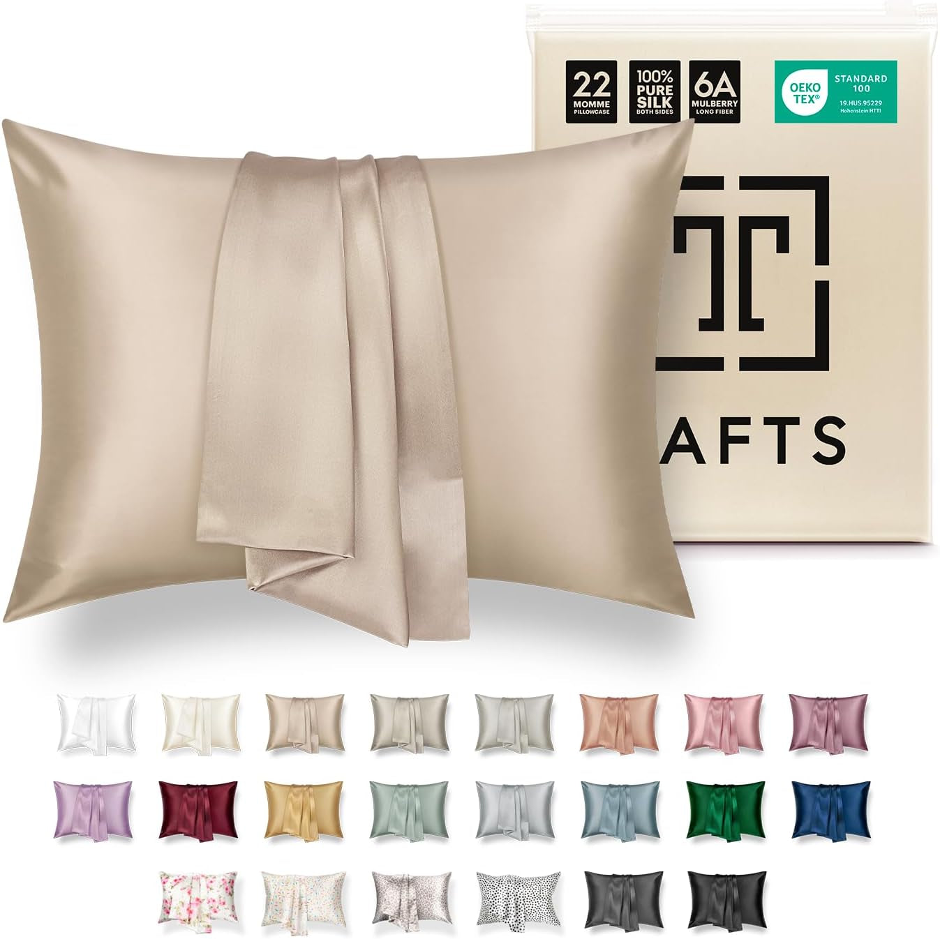 TAFTS 22mm 100% Pure Mulberry Silk Pillowcase for Hair and Skin with Envelope Closure, Cooling and Organic, Double-Sided Design (Silver, King Size 20" x 36", 22 Momme, 1 Piece)
